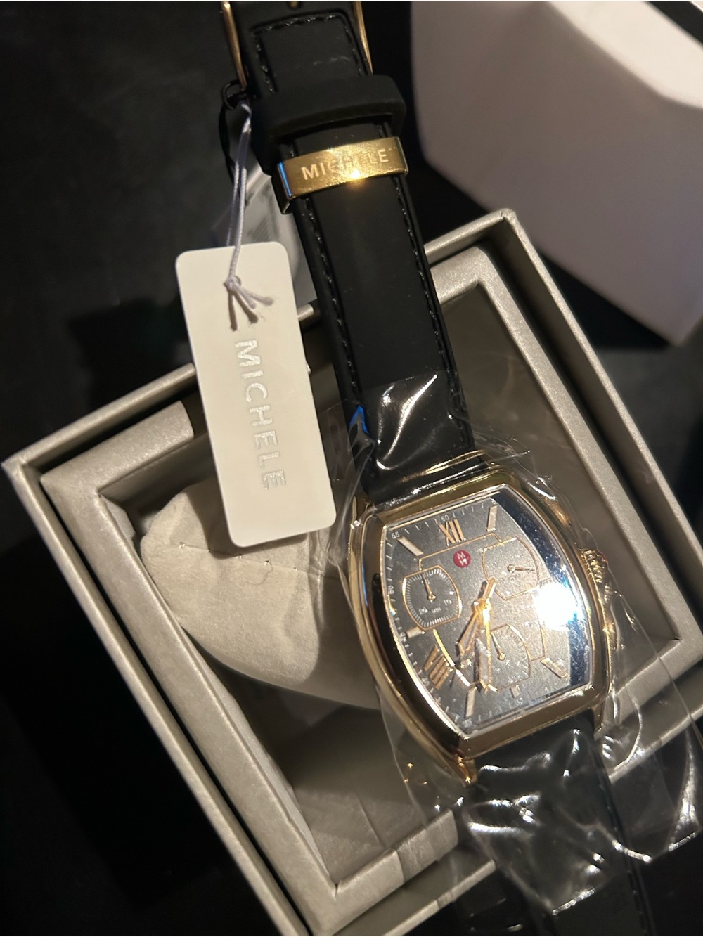 Michele Gold Case Black Dial Chronograph Watch with Black Strap - Picture 7 of 8